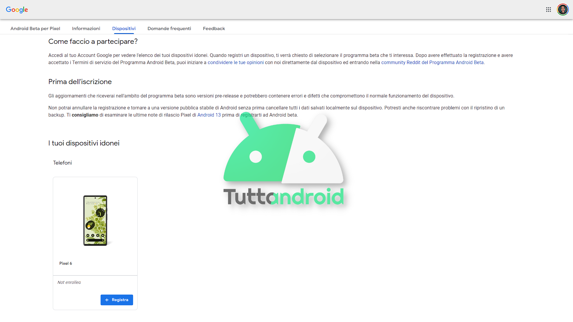 Registrazione dispositivi Google al programma Android Beta in vista dell'aggiornamento ad Android 13