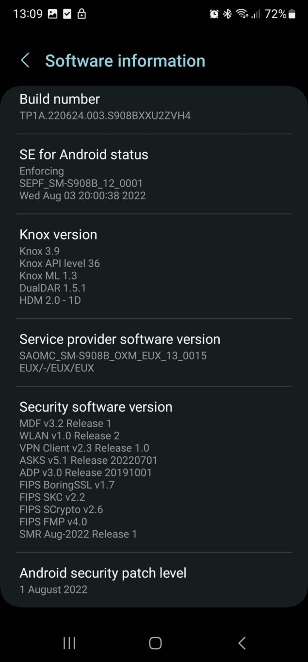 Samsung Galaxy S22 Ultra One UI 5.0 - Informazioni software