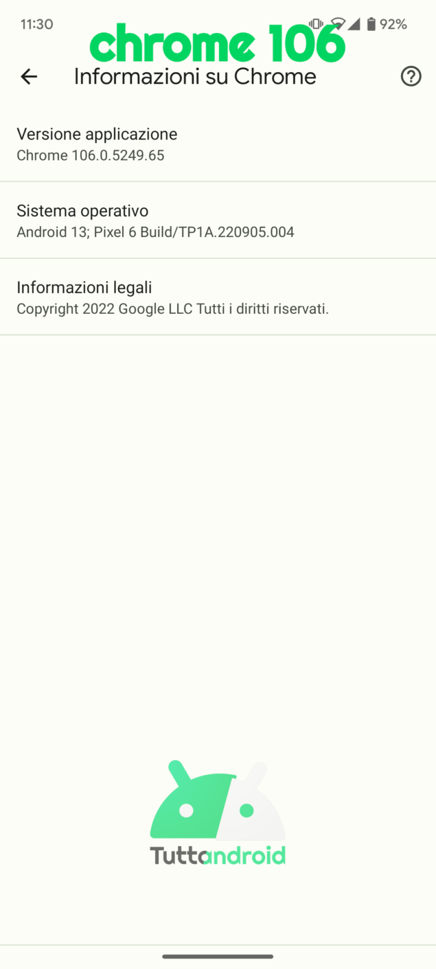 Google Chrome 106 su Google Pixel 6 con Android 13