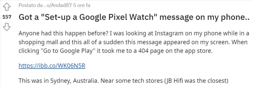 Google Pixel Watch messaggio associazione Reddit