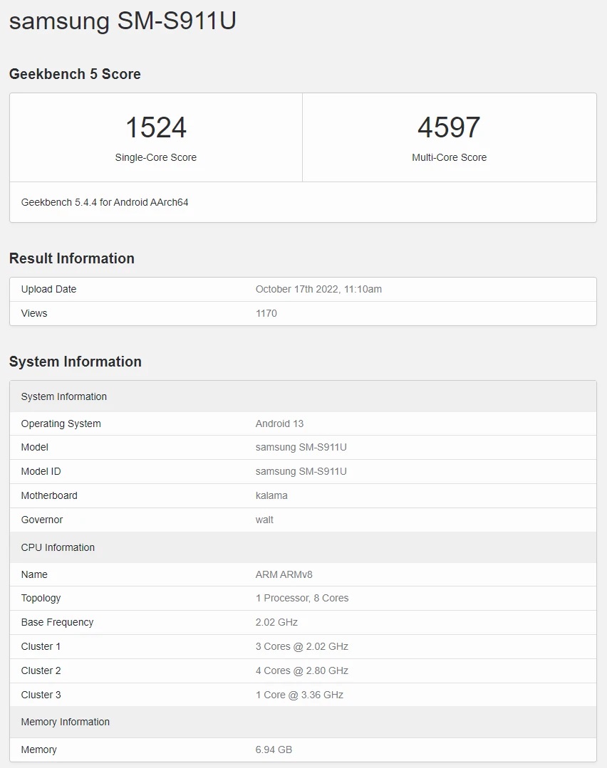 Geekbench samsung galaxy s23 snapdragon 8 gen 2