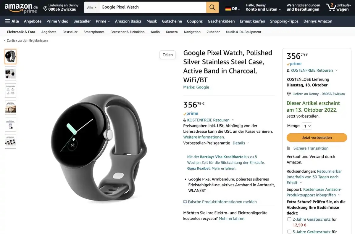 La pagina prodotto di Google Pixel Watch su Amazon Germania
