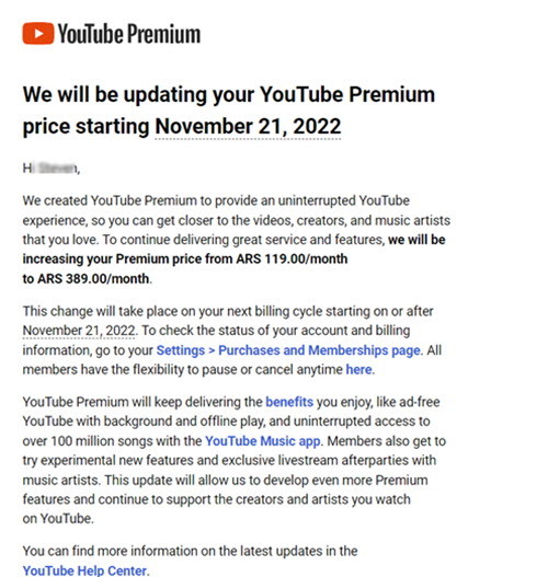 YouTube Premium mail aumento prezzo piano famiglia Argentina novembre 2022