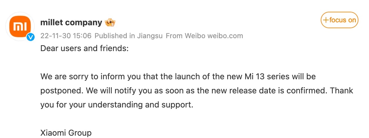 Lancio degli Xiaomi 13 rinviato - ecco il comunicato di Xiaomi su Weibo