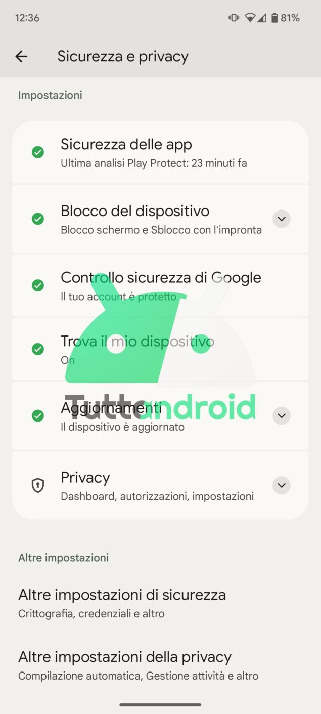 Hub sicurezza e privacy su Android 13 QPR1
