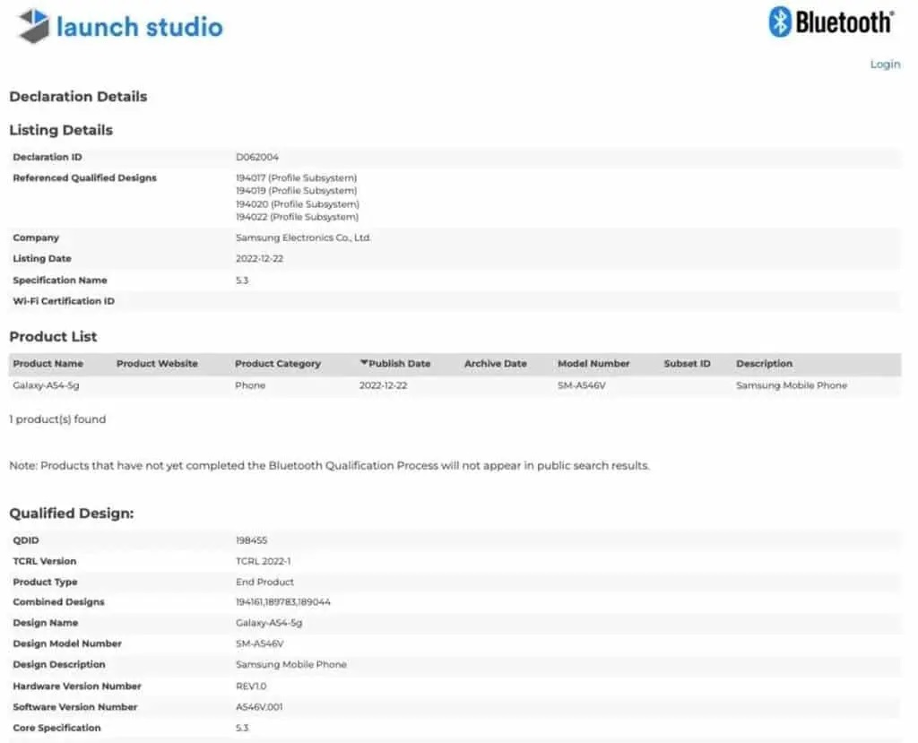 Samsung Galaxy A54 5G Bluetooth SIG