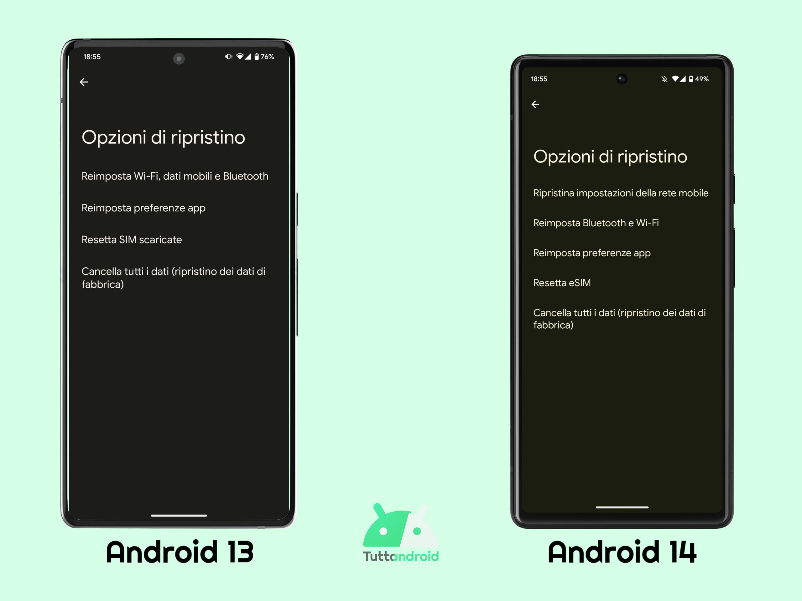 Menu "Opzioni di ripristino" - Android 13 vs Android 14 DP1