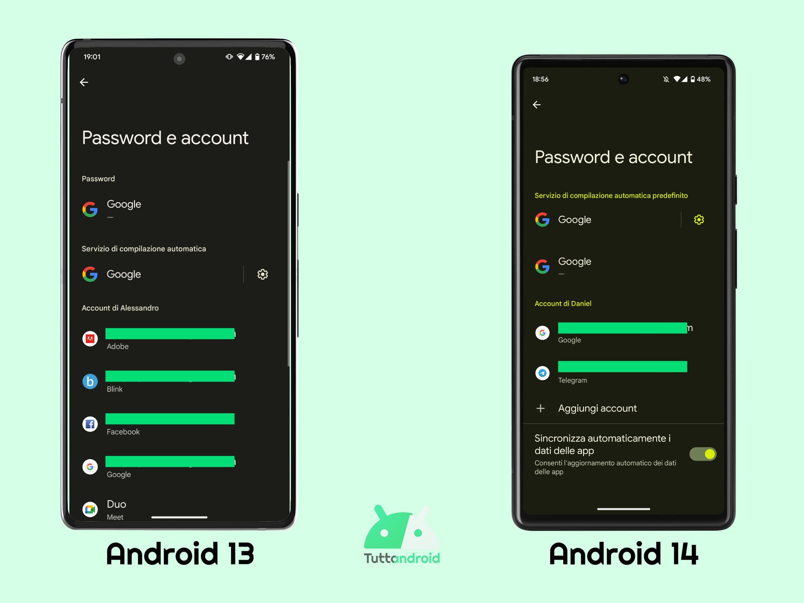 Novità per il menu Password e account - Android 13 vs Android 14 DP1