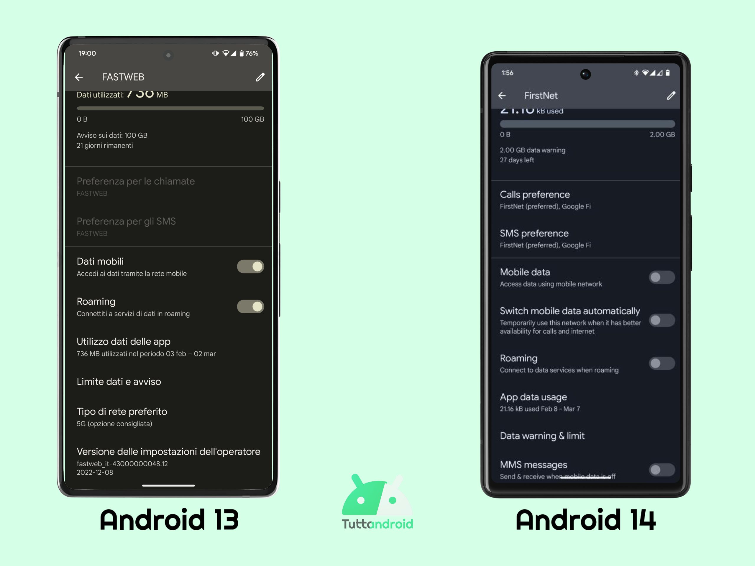 Novità per il menu della SIM - Android 13 vs Android 14 DP1