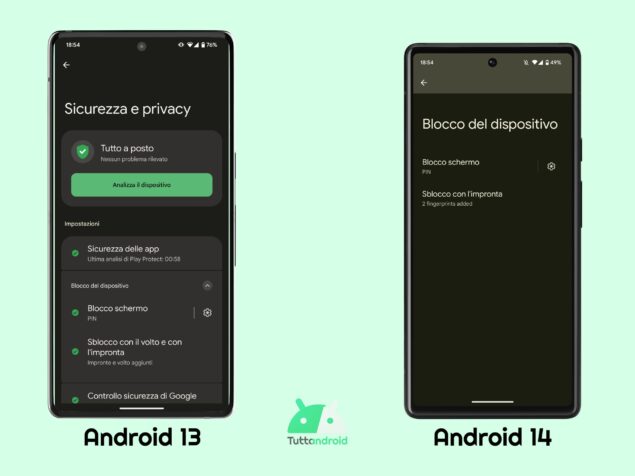Differenze nell'hub unificato "Sicurezza e privacy" - Android 13 vs Android 14 DP1