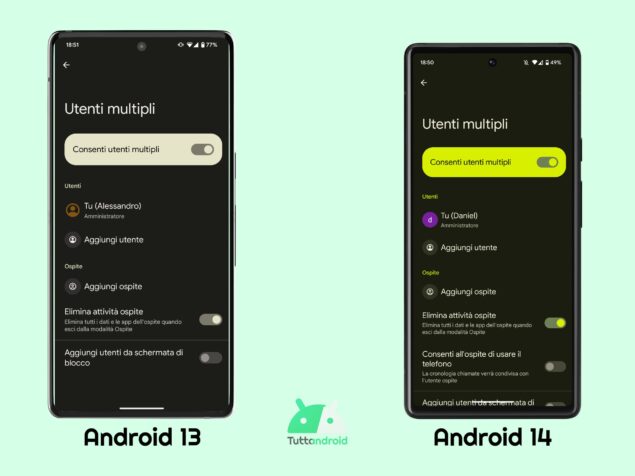 Menu di gestione degli Utenti multipli - Android 13 vs Android 14 DP1