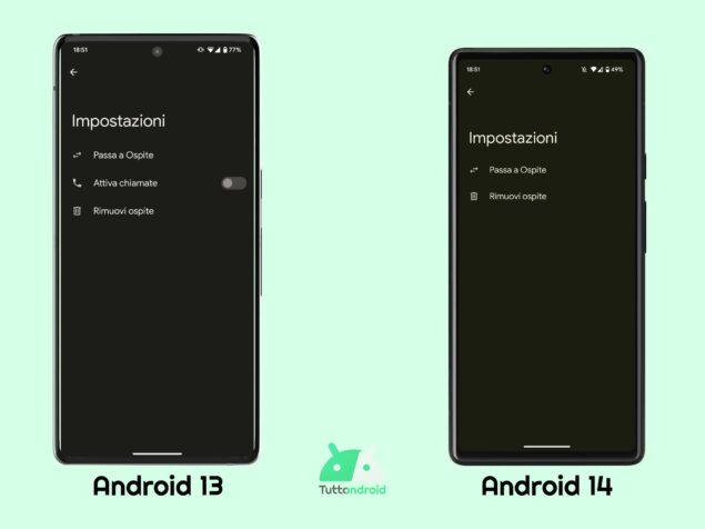 Menu di aggiunta di un profilo ospite - Android 13 vs Android 14 DP1