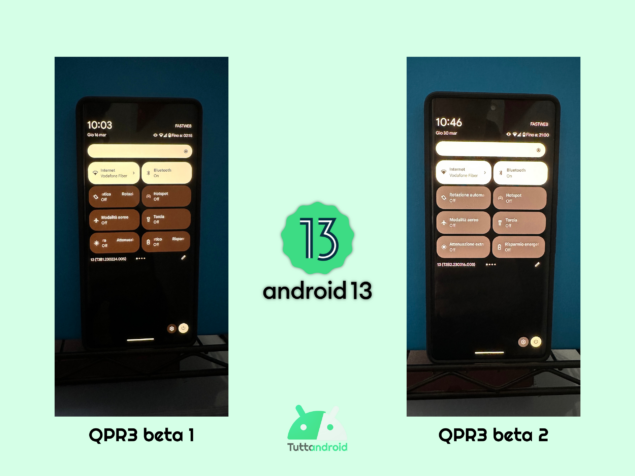 Android 13 QPR3 beta 1 vs QPR3 beta 2 - differenze nella gestione dei profili colore con luminosità notturna e tema scuro