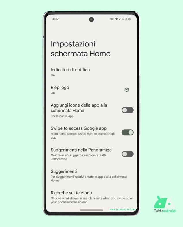 Android 13 QPR3 beta 2 - Impostazioni schermata home