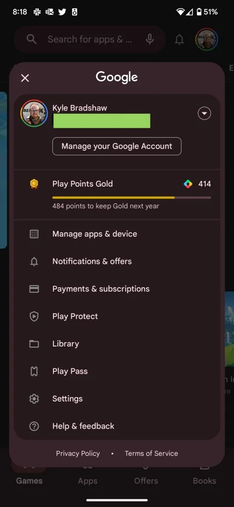 Google Play Store selettore account Material You