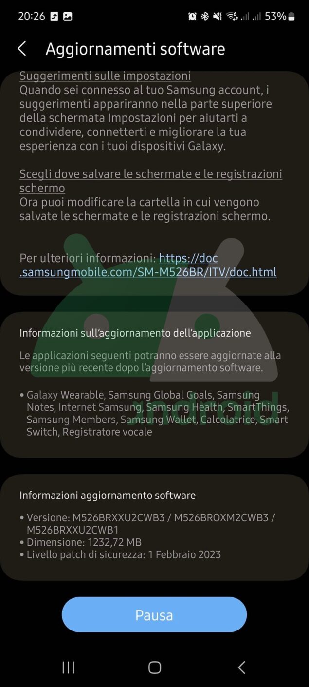 Samsung Galaxy M52 aggiornamento One UI 5.1