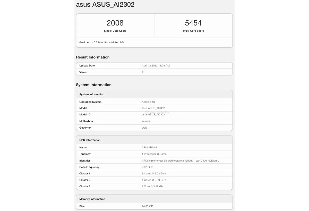 ASUS Zenfone 10 specifiche Geekbench