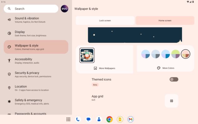 Android 14 Beta 1 - Sfondo e stile su un tablet