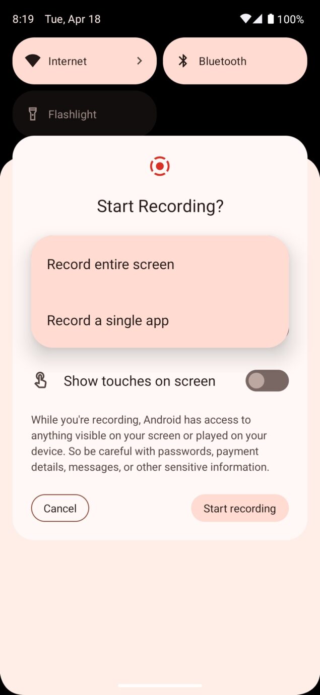 Android 14 Beta 1 registrazione singola app