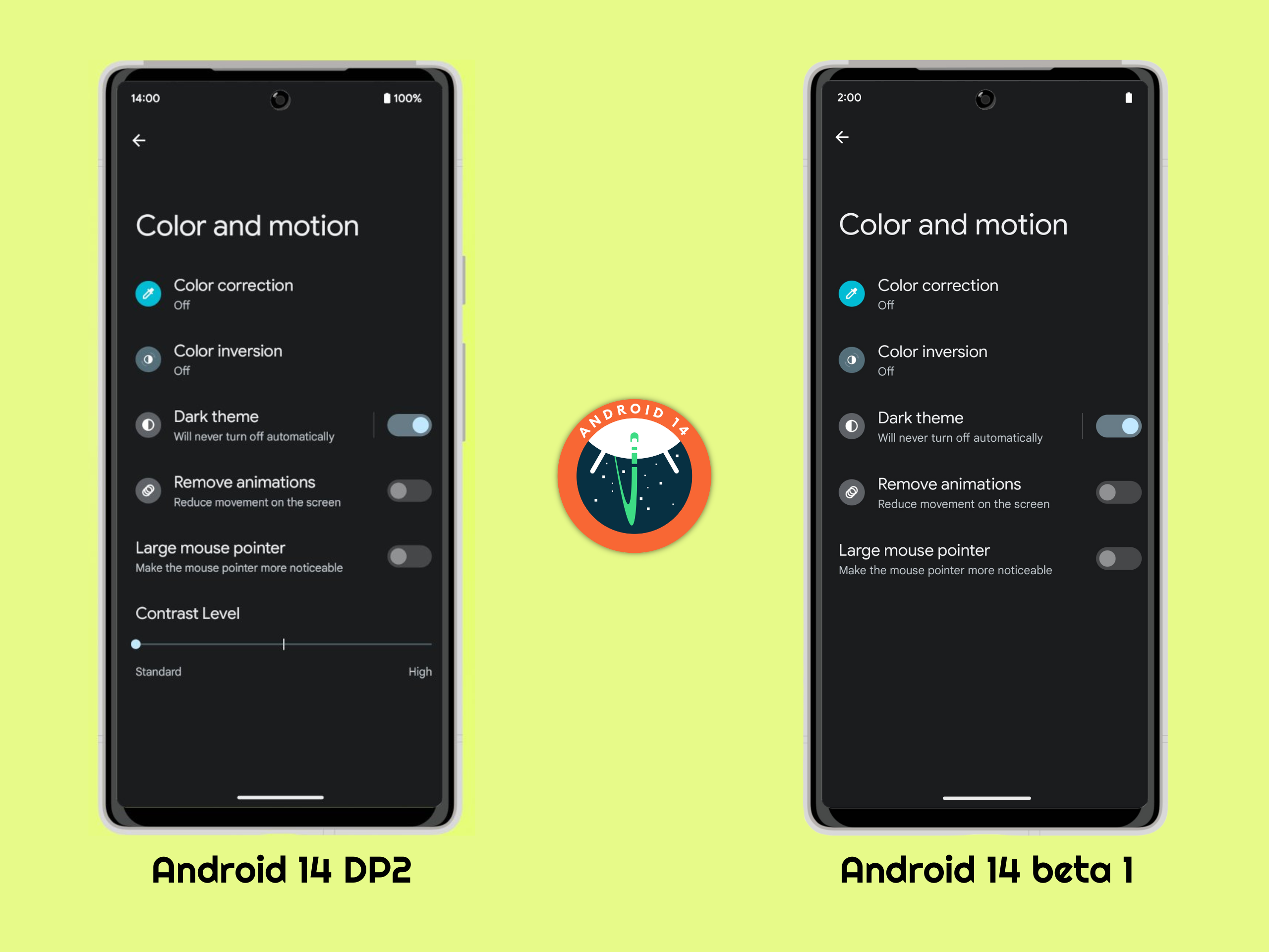 Android 14 DP2 vs beta 1 - Slider per il controllo del contrasto