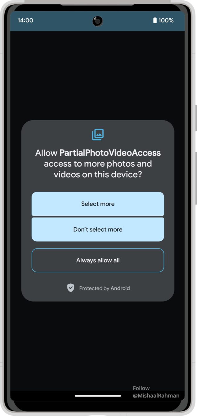 Android 14 beta 1 - Popup ulteriore autorizzazione di accesso a foto e video