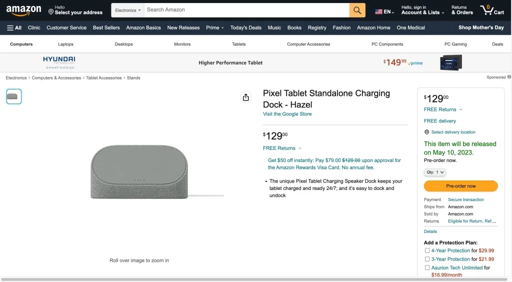 Google Pixel Tablet Standalone Charging Dock Amazon leak