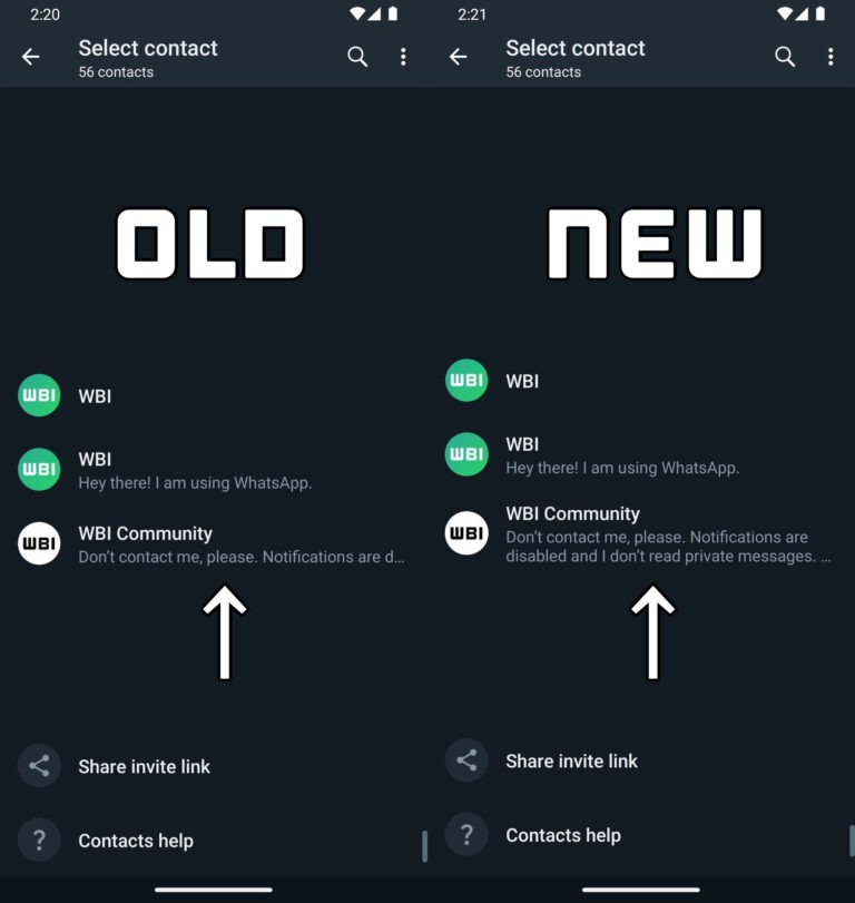 WhatsApp Beta info contatti su due righe