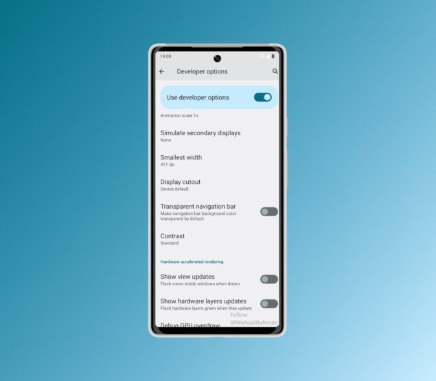 Android 14 Beta 2 Opzioni sviluppatore contrasto