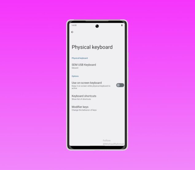 Android 14 Beta 2 Tastiera fisica