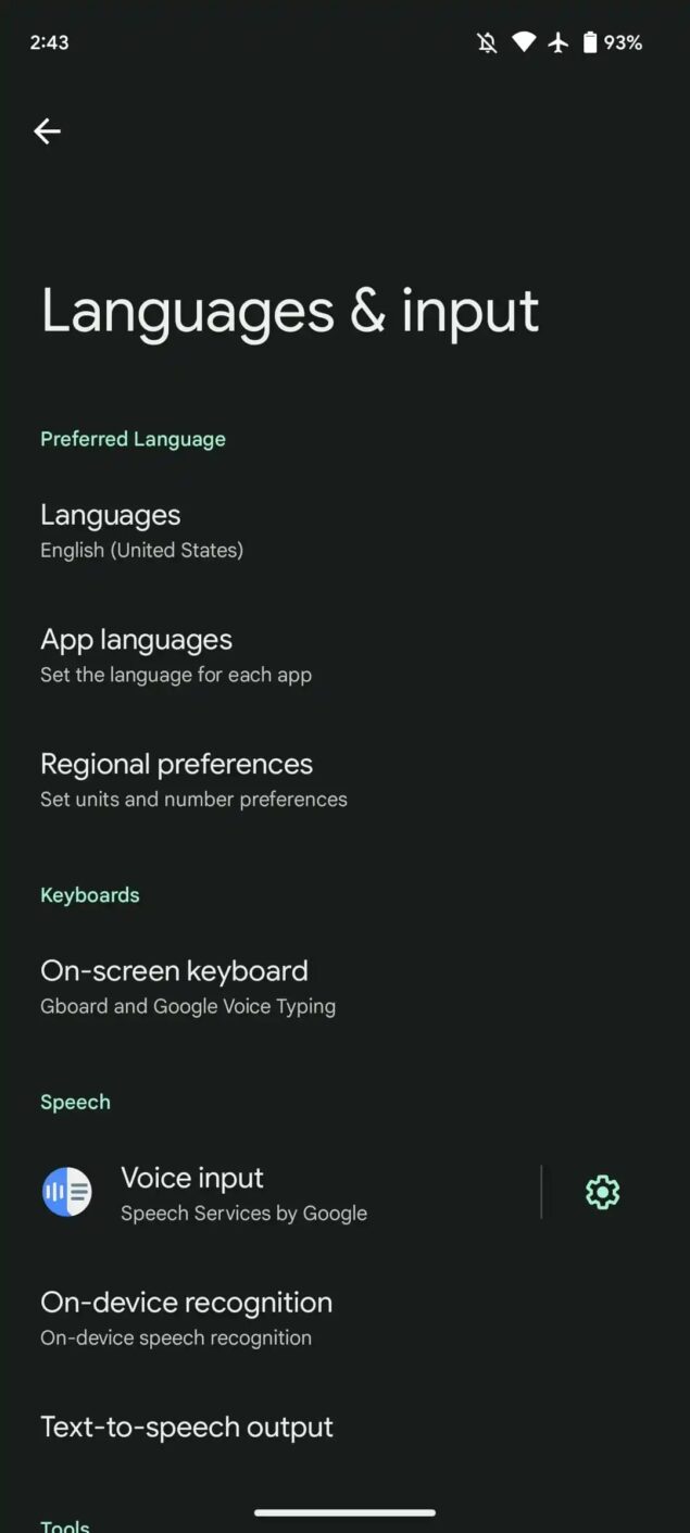 Android 14 beta 1 Lingua e immissione