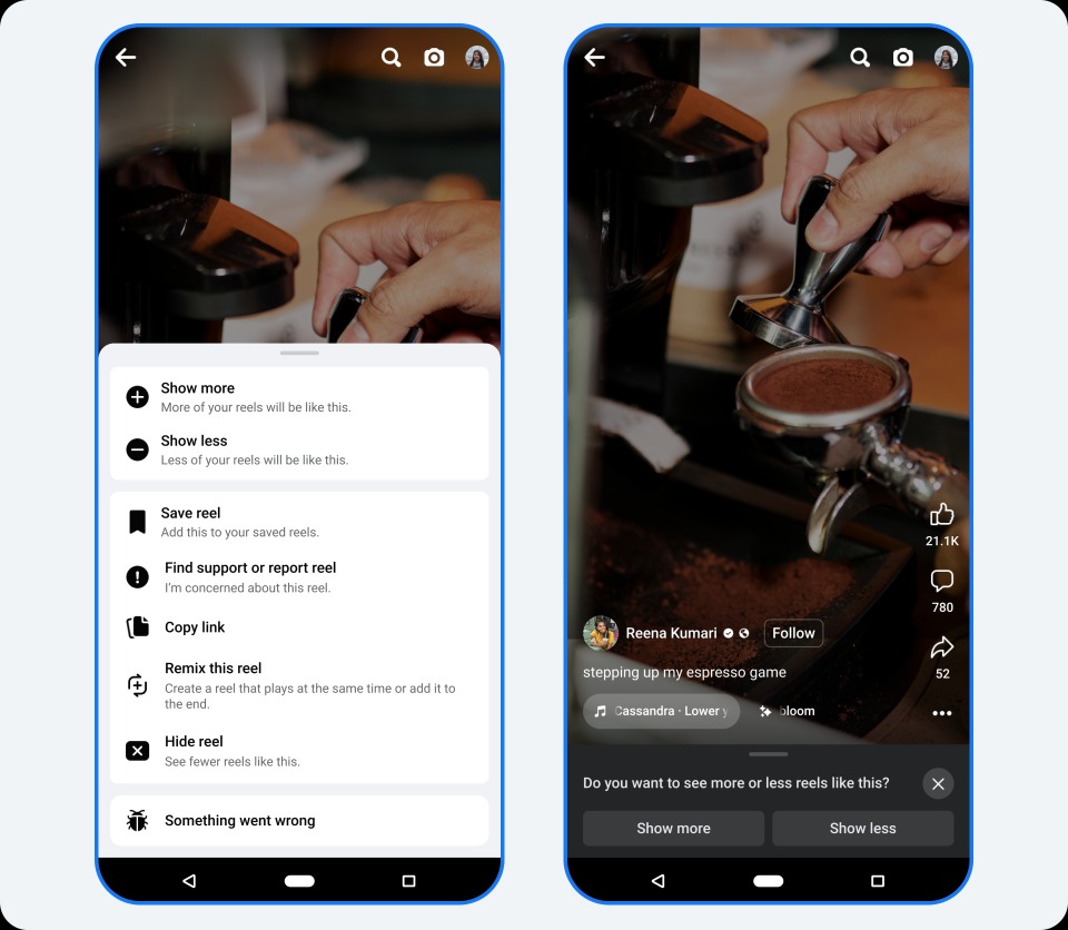 Facebook aggiunge nuovi strumenti per la personalizzazione del feed dei Reels