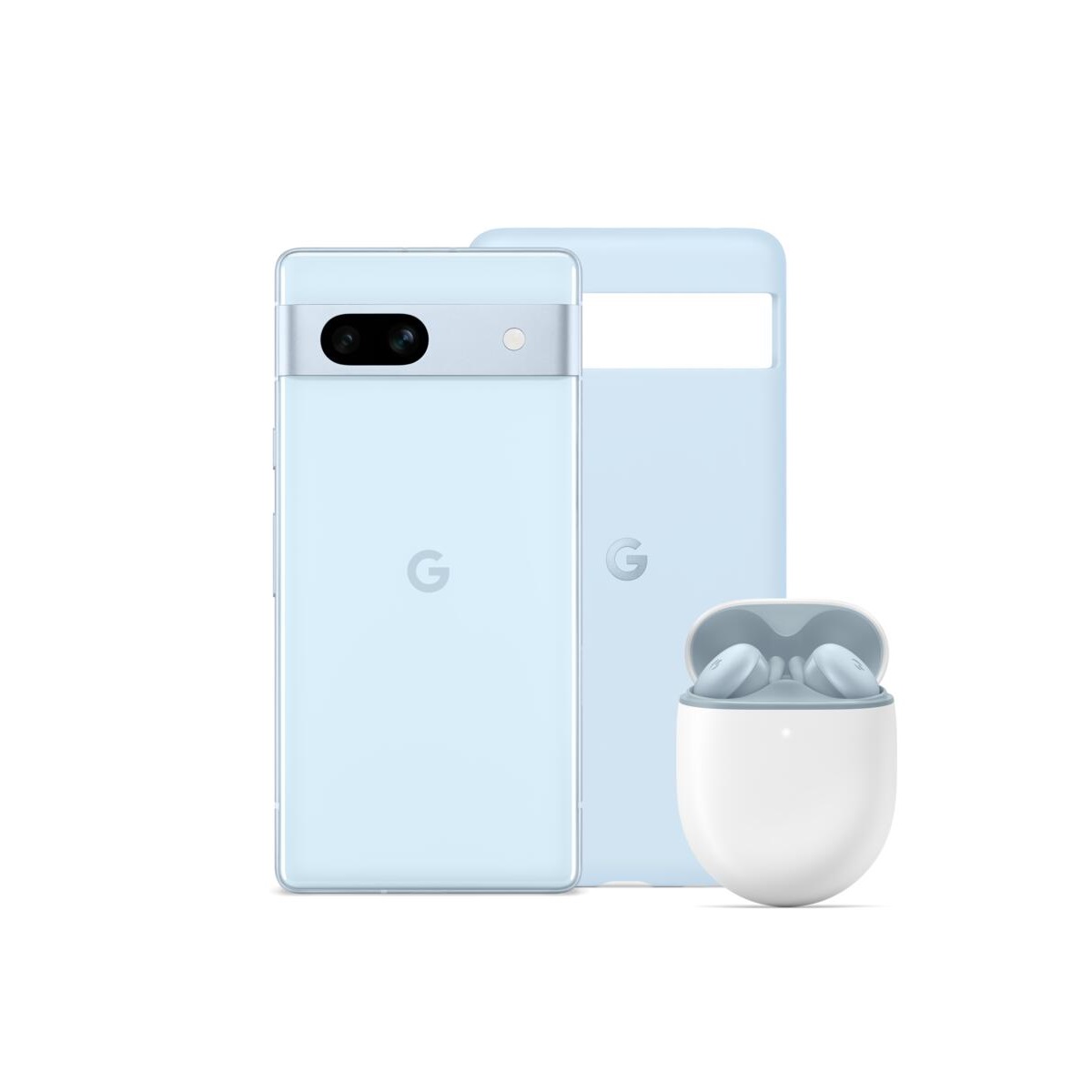 Google Pixel 7a in colorazione celeste con la cover ufficiale e le Google Pixel Buds A abbinate