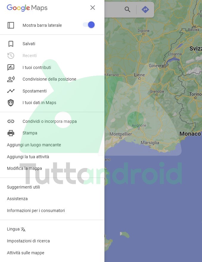Google Maps web nascondi barra laterale