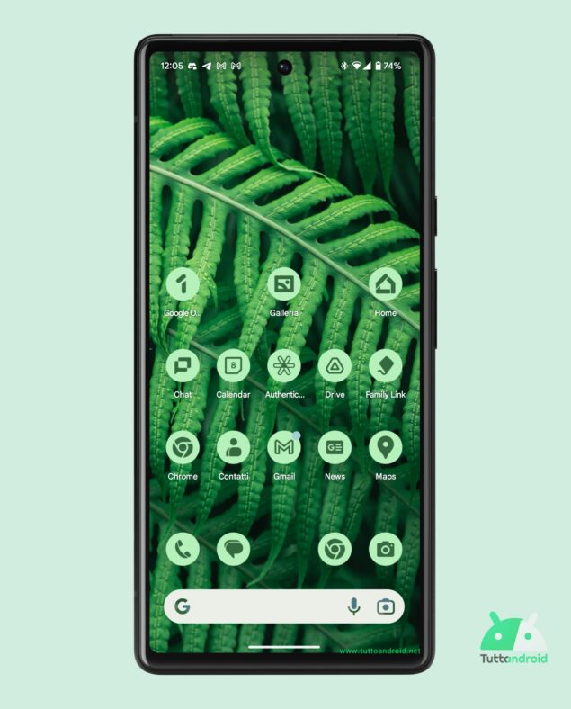 Android 14 beta 3 - schermata iniziale con Icone a tema