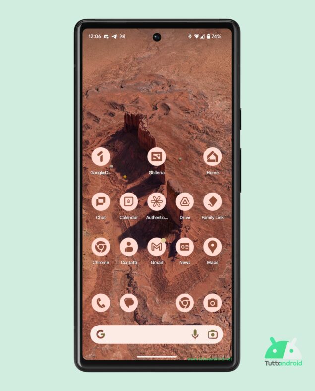 Android 14 beta 3 - schermata iniziale con Icone a tema