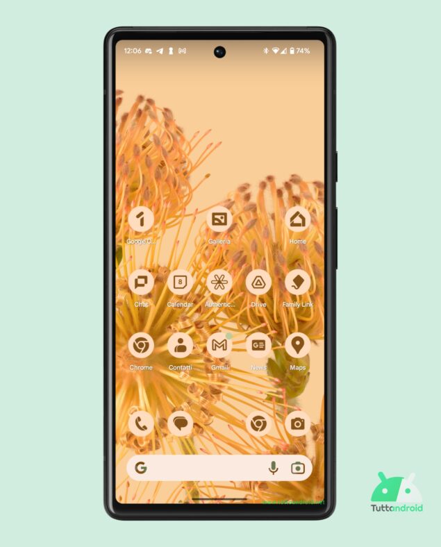 Android 14 beta 3 - schermata iniziale con Icone a tema
