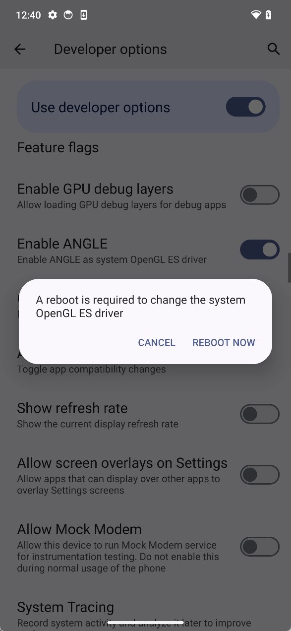 Android 14 beta 3 - Opzione sviluppatore ANGLE