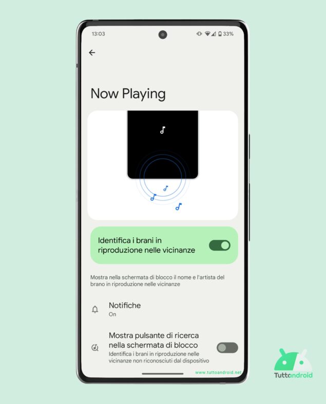 Impostazioni di Now Playing sui Google Pixel