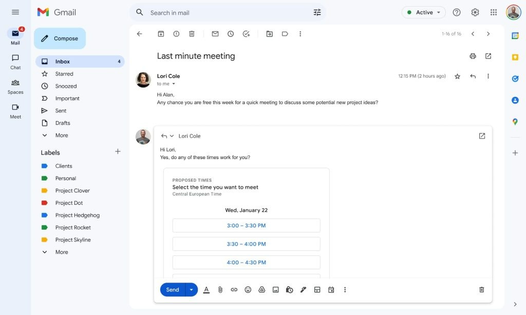 Gmail condivisione disponibilità