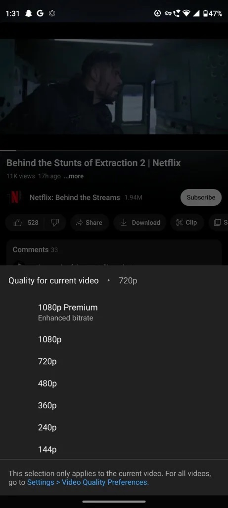 youtube opzione 1080p premium android