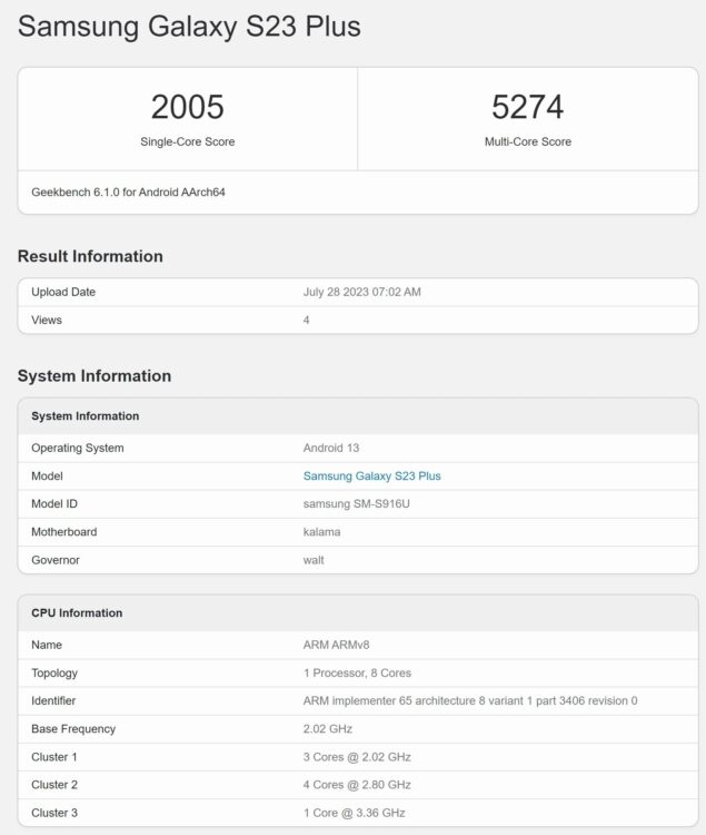 Samsung Galaxy S23 Plus geekbench