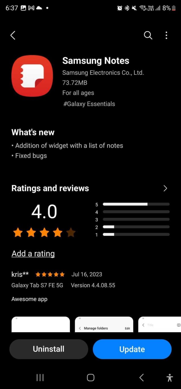 aggiornamento Samsung Notes nuovo widget