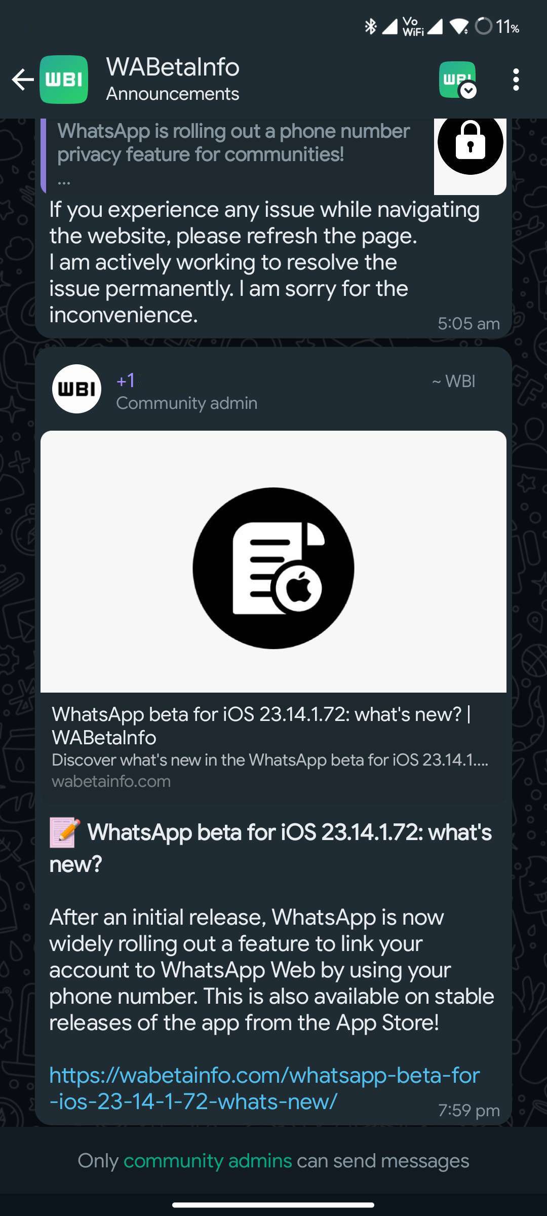 WhatsApp beta nuova interfaccia messaggi gruppi annunci