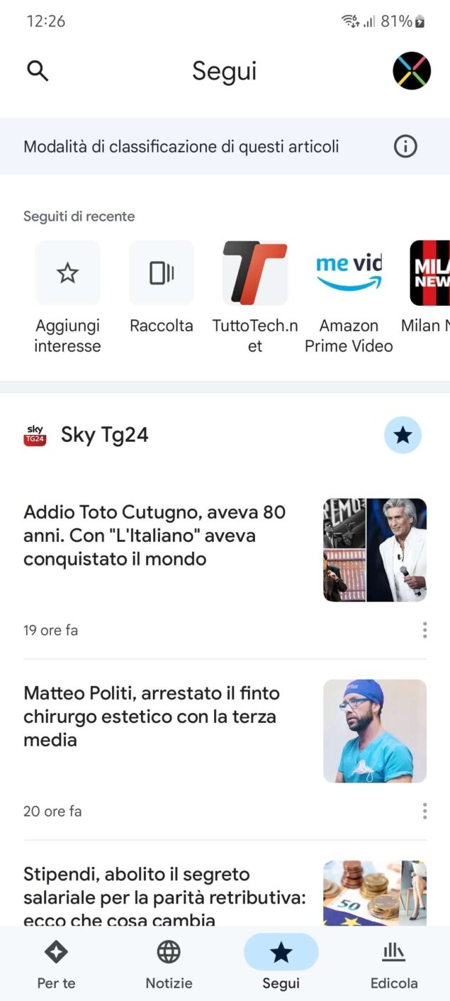 Google News nuova interfaccia Segui 1