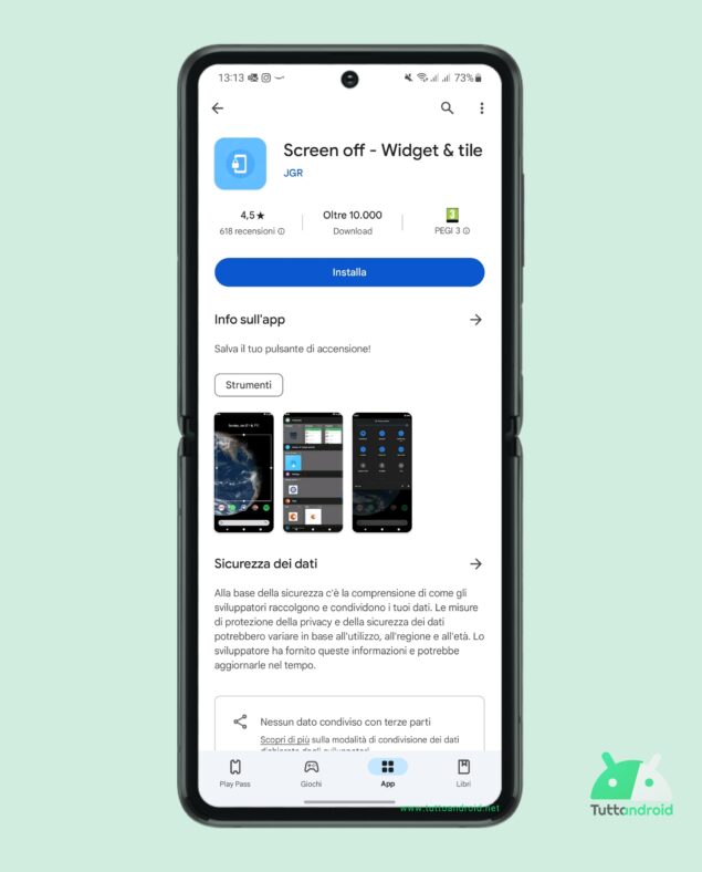 Screen off widget and tile dal Google Play Store su Samsung Galaxy Z Flip3 con Android 13