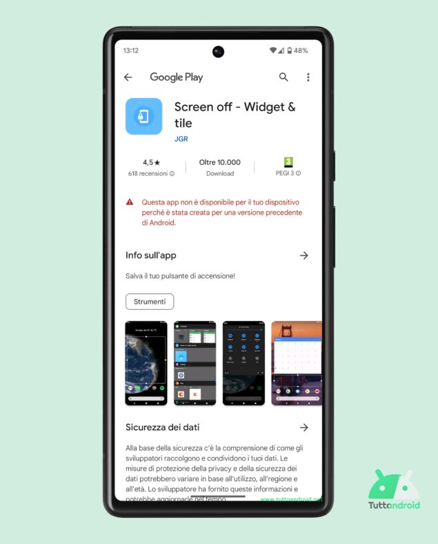 Screen off widget and tile dal Google Play Store su Google Pixel 6 con Android 14