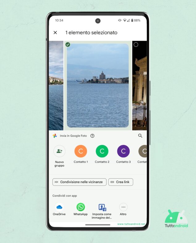 Foglio condivisione di Android 13 su Google Foto