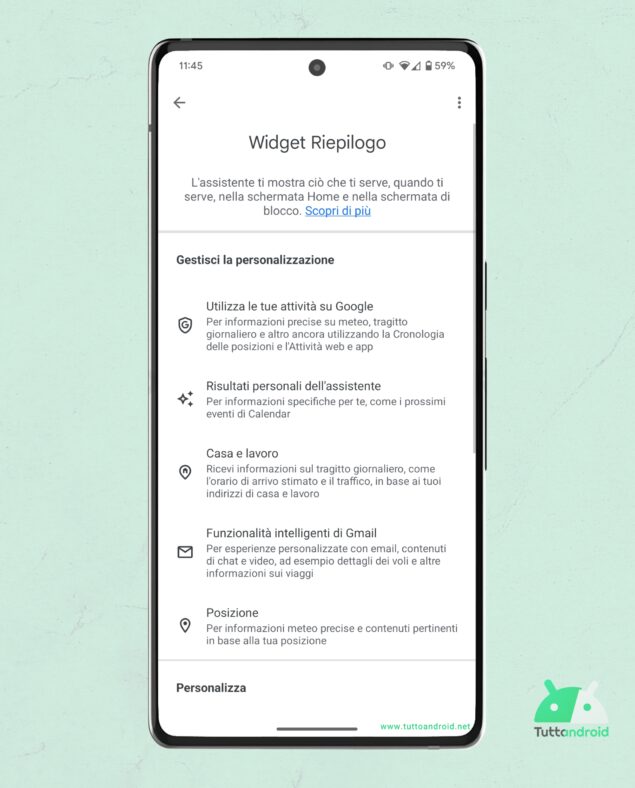 Nuovo widget At a Glance dell'app Google