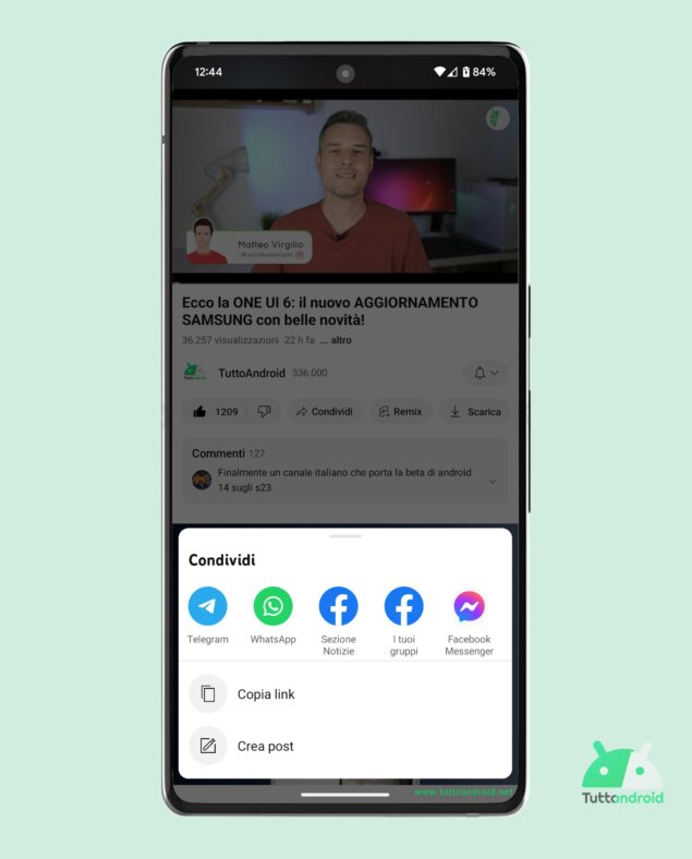 YouTube per Android - Vecchio menu di condivisione