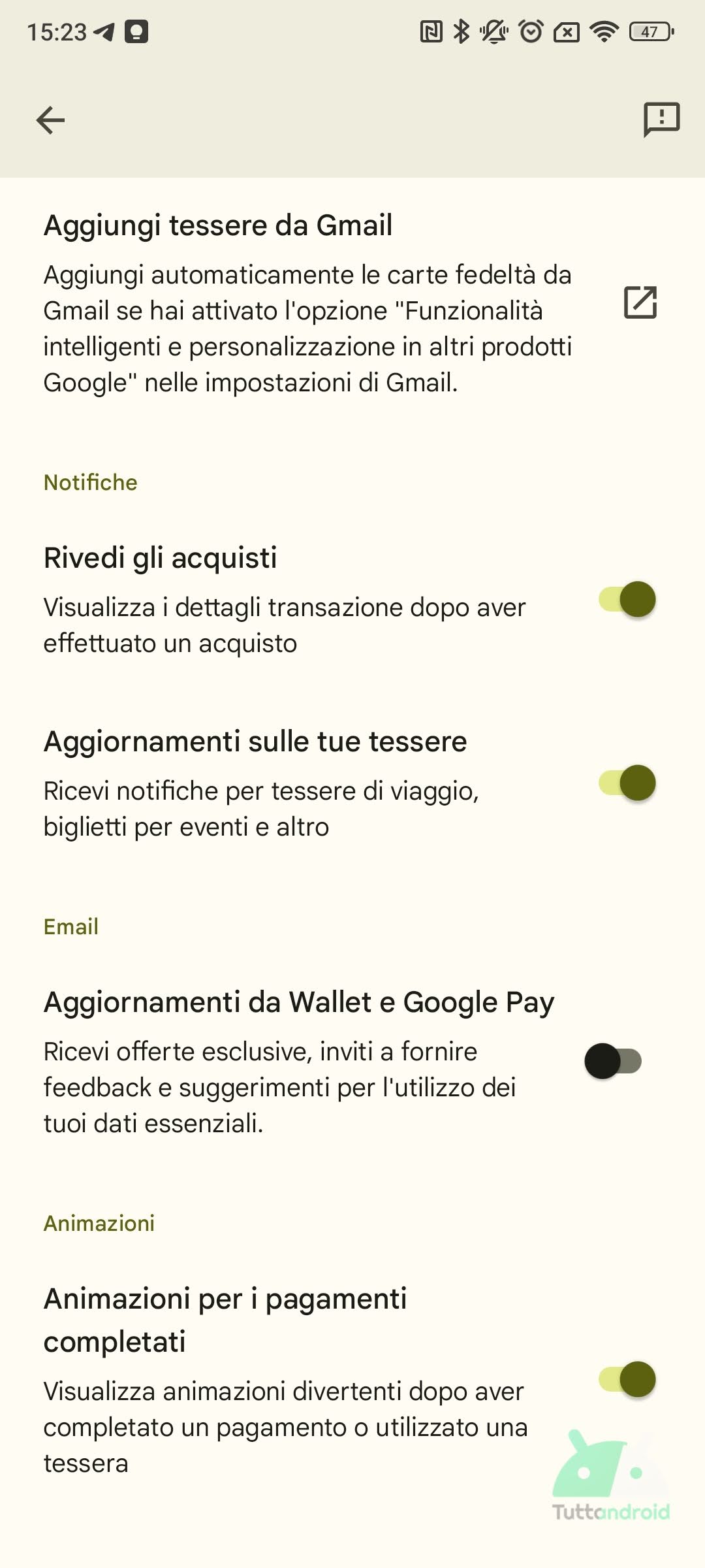 google wallet disattivare animazioni pagamenti